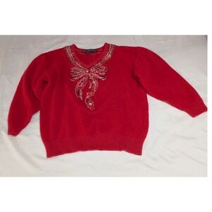 IB Diffusion Sweater Women 1X Red Excellent Vintage 90s Silk Angora Sequin Bow